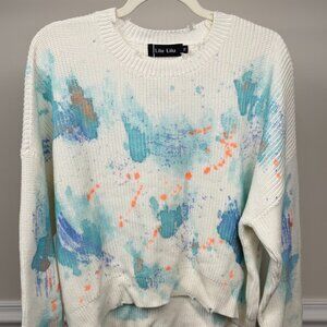LiLu LiLu, Size 10, White knit sweater with blue and orange splatter print, crew